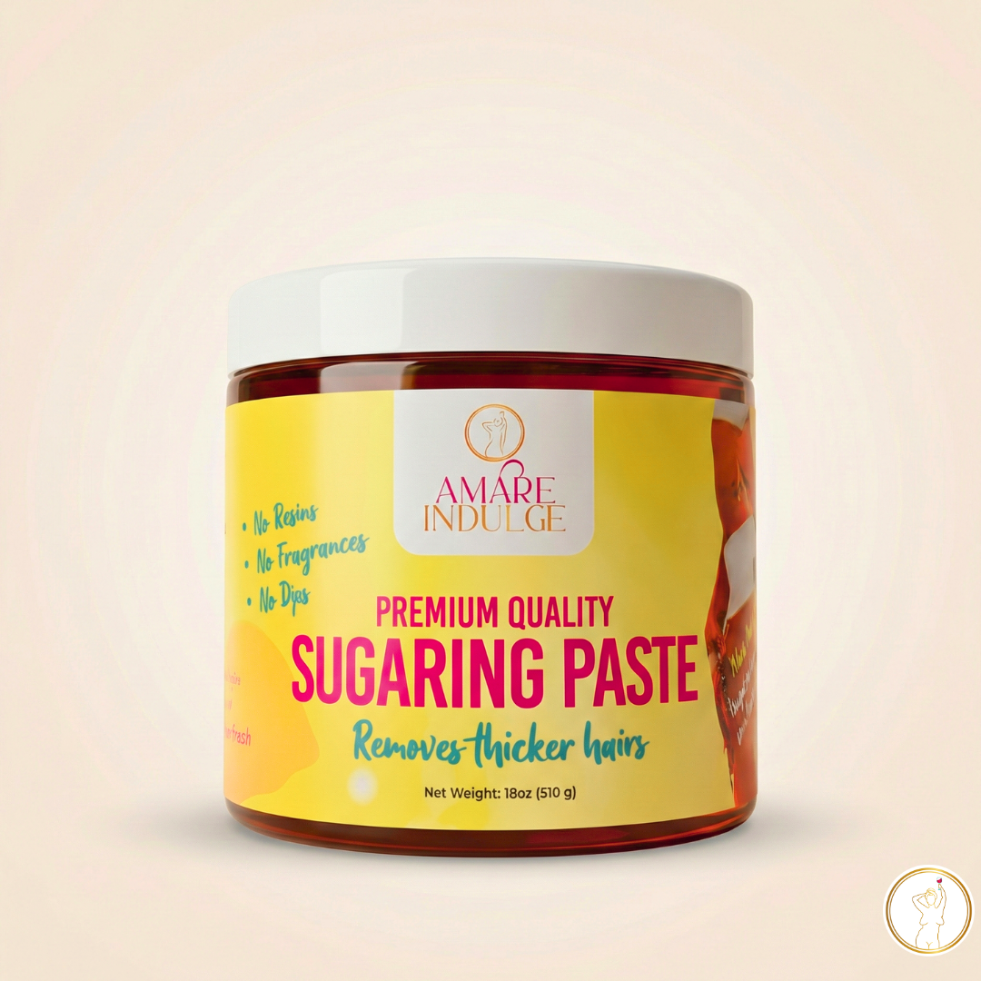 Jar of Amare Indulge large sugaring paste on a beige background